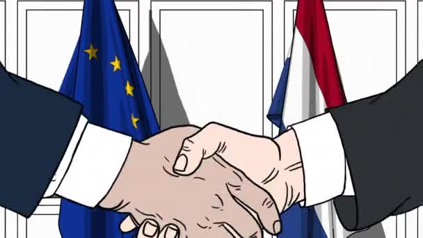 Businessmen or politicians shaking hands against flags of EU and Netherlands. Meeting or cooperation related cartoon animation — Stock Video