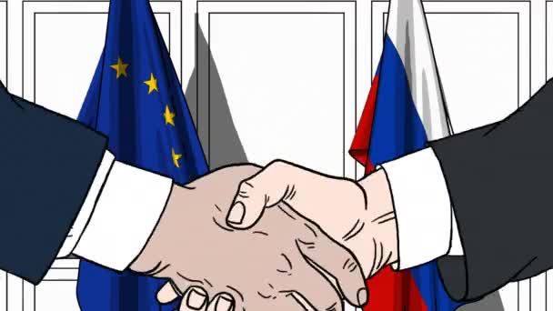 Empresarios o políticos estrechando la mano contra las banderas de la UE y Rusia. Animación de dibujos animados relacionados con reuniones o cooperación — Vídeo de stock
