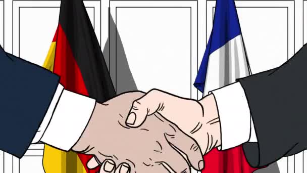 Des hommes d'affaires ou des politiciens serrant la main contre les drapeaux de l'Allemagne et de la France. Animation de dessin animé liée à une réunion ou coopération — Video