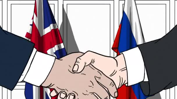 Hommes d'affaires ou politiciens serrant la main contre les drapeaux de la Grande-Bretagne et de la Russie. Animation de dessin animé liée à une réunion ou coopération — Video