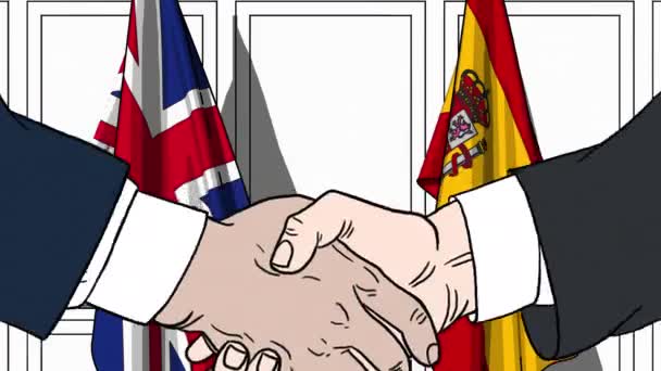 Businessmen or politicians shaking hands against flags of Great Britain and Spain. Meeting or cooperation related cartoon animation — Stock Video