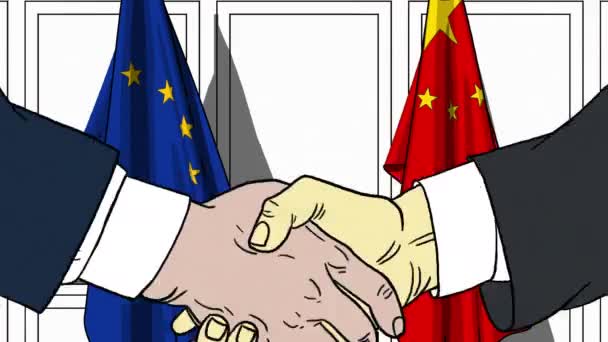 Businessmen or politicians shaking hands against flags of EU and China. Meeting or cooperation related cartoon animation — Stock Video