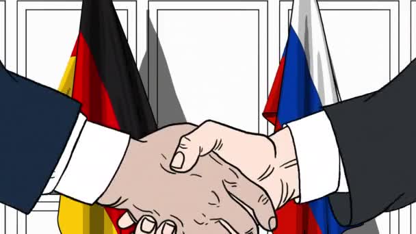 Zakenlieden of politici schudden handen tegen vlaggen van Duitsland en Rusland. Vergadering of samenwerking gerelateerde cartoon-animatie — Stockvideo