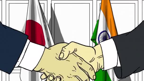 Empresários ou políticos apertando as mãos contra bandeiras do Japão e da Índia. Animação de desenhos animados relacionados com reuniões ou cooperação — Vídeo de Stock