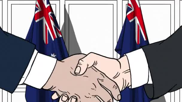 Des hommes d'affaires ou des politiciens serrant la main contre les drapeaux de l'Australie. Animation de dessin animé liée à une réunion ou coopération — Video