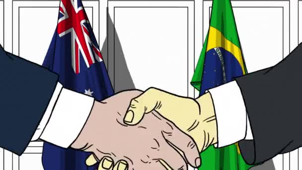İş adamları veya bayraklar Avustralya ve Brezilya karşı tokalaşırken politikacılar. Toplantı veya işbirliği çizgi film animasyon ile ilgili — Stok video