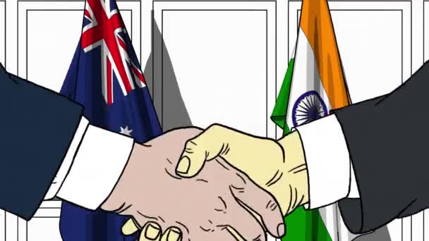 Zakenlieden of politici schudden handen tegen de lijst van vlaggen van Australië en India. Vergadering of samenwerking gerelateerde cartoon-animatie — Stockvideo