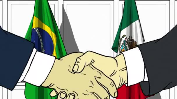 Businessmen or politicians shaking hands against flags of Brazil and Mexico. Meeting or cooperation related cartoon animation — Stock Video
