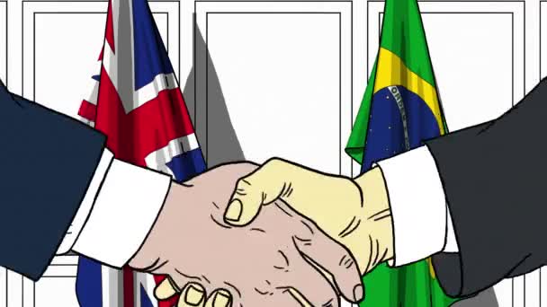 商人或政界人士握手反对大不列颠和巴西国旗。与卡通动画相关的会议或合作 — 图库视频影像