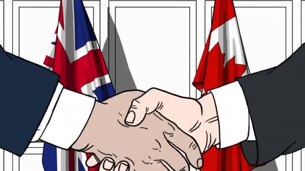 Zakenlieden of politici schudden handen tegen vlaggen van Groot-Brittannië en Canada. Vergadering of samenwerking gerelateerde cartoon-animatie — Stockvideo