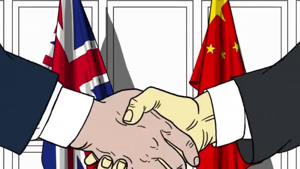 Uomini d'affari o politici stringono la mano contro le bandiere di Gran Bretagna e Cina. Animazione dei cartoni animati collegata alla riunione o alla cooperazione — Video Stock