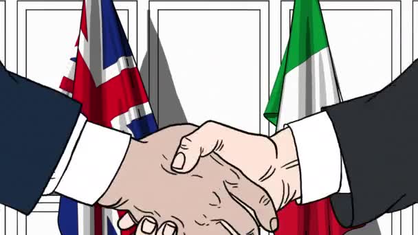 Uomini d'affari o politici stringono la mano contro le bandiere di Gran Bretagna e Italia. Animazione dei cartoni animati collegata alla riunione o alla cooperazione — Video Stock
