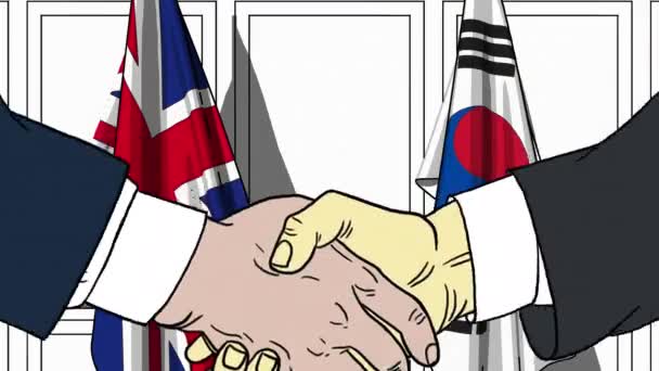 Uomini d'affari o politici stringono la mano contro le bandiere di Gran Bretagna e Corea. Animazione dei cartoni animati collegata alla riunione o alla cooperazione — Video Stock