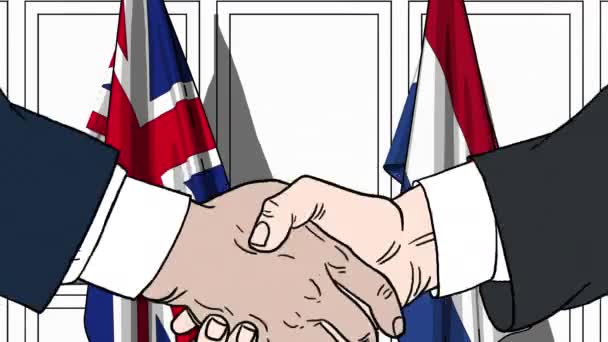 Businessmen or politicians shaking hands against flags of Great Britain and Netherlands. Meeting or cooperation related cartoon animation — Stock Video