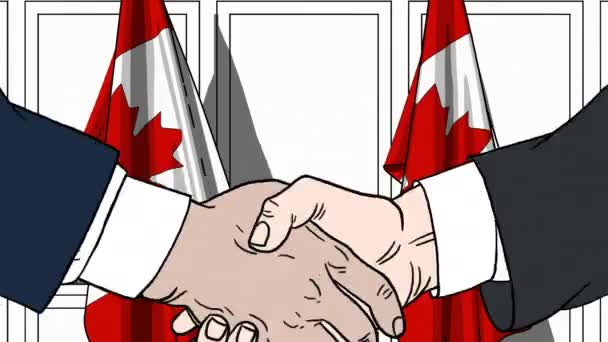 Zakenlieden of politici schudden handen tegen de lijst van vlaggen van Canada. Vergadering of samenwerking gerelateerde cartoon-animatie — Stockvideo