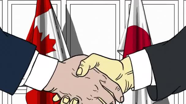 Businessmen or politicians shaking hands against flags of Canada and Japan. Meeting or cooperation related cartoon animation — Stock Video