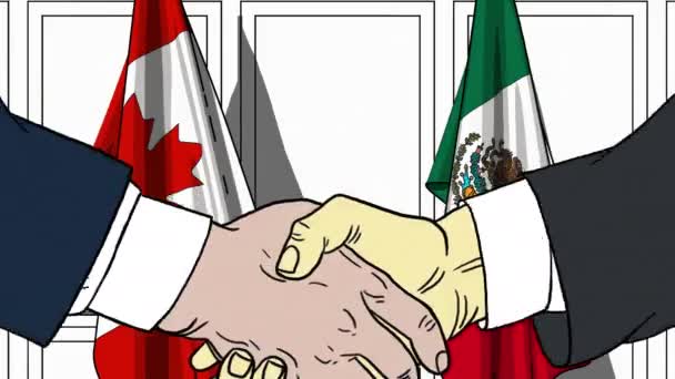 Empresarios o políticos estrechando las manos contra las banderas de Canadá y México. Animación de dibujos animados relacionados con reuniones o cooperación — Vídeos de Stock