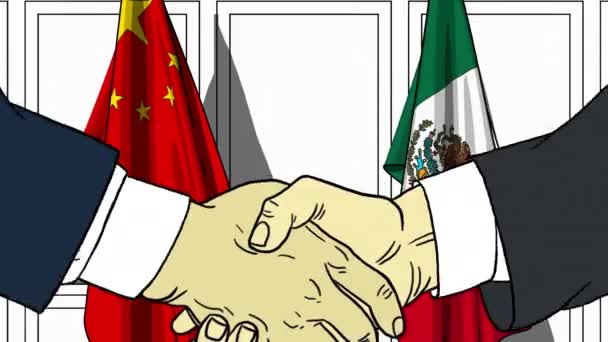 Empresarios o políticos estrechando las manos contra banderas de China y México. Animación de dibujos animados relacionados con reuniones o cooperación — Vídeo de stock