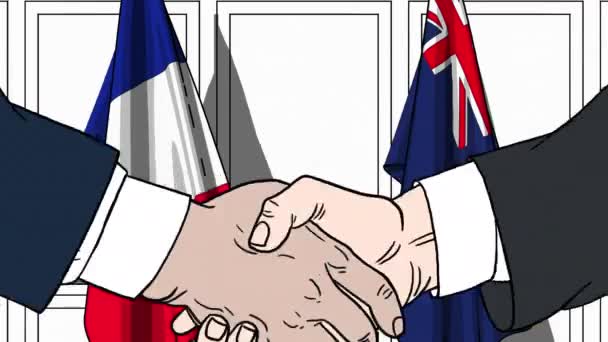 Podnikatelé či politici potřesení rukou proti vlajky Francie a Austrálii. Schůzky nebo spolupráci související kreslené animace — Stock video