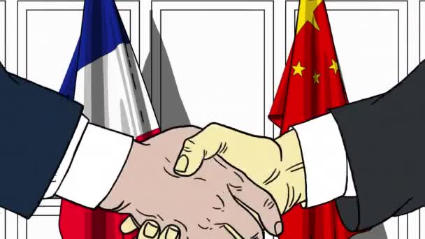 Businessmen or politicians shaking hands against flags of France and China. Meeting or cooperation related cartoon animation — Stock Video