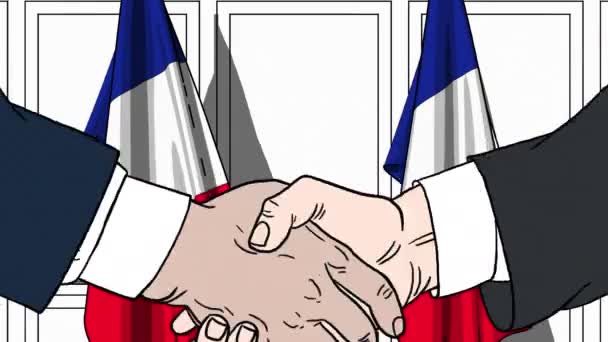 Des hommes d'affaires ou des politiciens serrant la main contre les drapeaux de France. Animation de dessin animé liée à une réunion ou coopération — Video