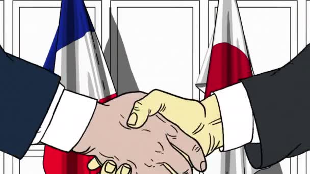 Empresarios o políticos estrechando las manos contra las banderas de Francia y Japón. Animación de dibujos animados relacionados con reuniones o cooperación — Vídeo de stock