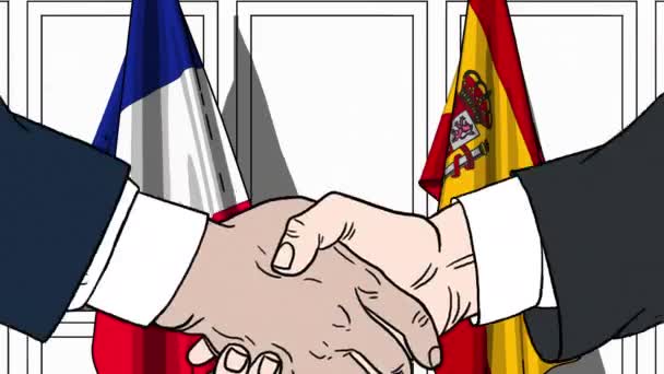 Empresários ou políticos apertando as mãos contra bandeiras da França e Espanha. Animação de desenhos animados relacionados com reuniões ou cooperação — Vídeo de Stock