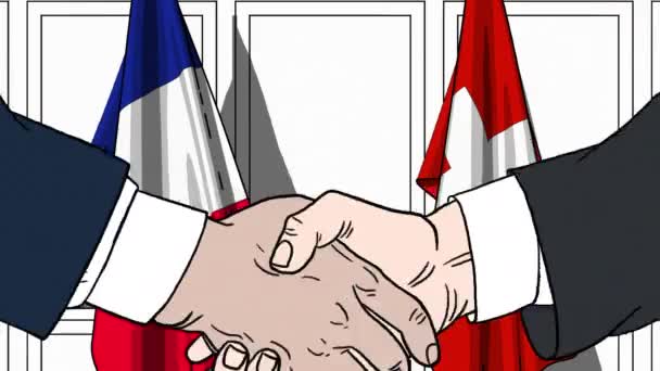 Uomini d'affari o politici stringono la mano contro le bandiere di Francia e Svizzera. Animazione dei cartoni animati collegata alla riunione o alla cooperazione — Video Stock