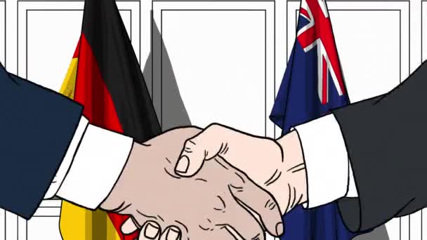 Empresarios o políticos estrechando las manos contra banderas de Alemania y Australia. Animación de dibujos animados relacionados con reuniones o cooperación — Vídeos de Stock