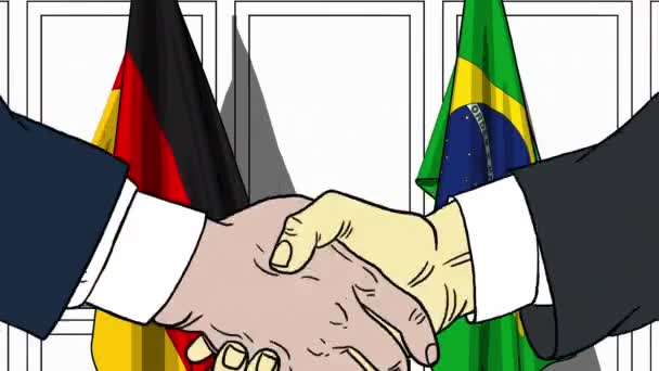 Empresários ou políticos apertando as mãos contra bandeiras da Alemanha e do Brasil. Animação de desenhos animados relacionados com reuniões ou cooperação — Vídeo de Stock