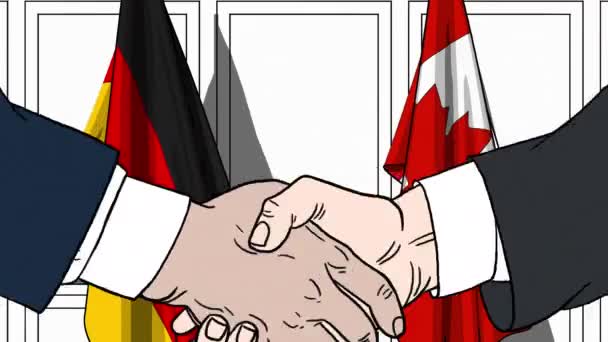 Zakenlieden of politici schudden handen tegen vlaggen van Duitsland en Canada. Vergadering of samenwerking gerelateerde cartoon-animatie — Stockvideo