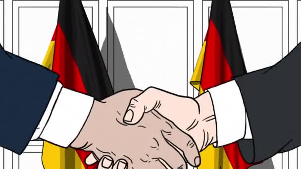 商人或政界人士握手反对德国国旗。与卡通动画相关的会议或合作 — 图库视频影像