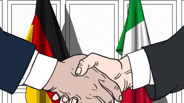 Businessmen or politicians shaking hands against flags of Germany and Italy. Meeting or cooperation related cartoon animation — Stock Video