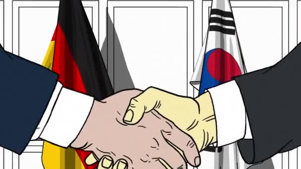 Affärsmän eller politiker skakar hand mot flaggor av Tyskland och Korea. Möte eller samarbete med tecknad animation — Stockvideo