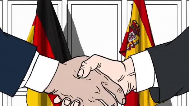 Geschäftsleute oder Politiker beim Händeschütteln gegen Flaggen von Deutschland und Spanien. Treffen oder Zusammenarbeit im Zusammenhang mit Zeichentrickfilmen — Stockvideo