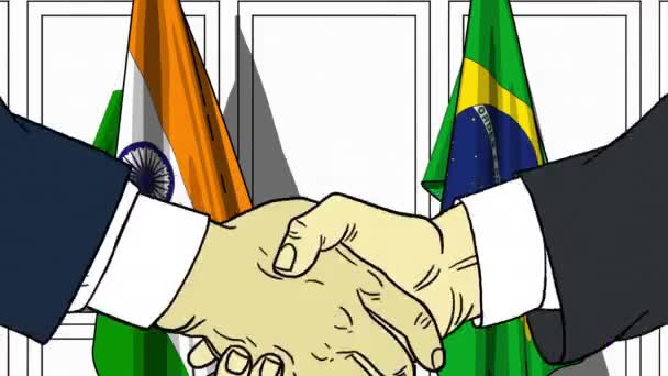 Geschäftsleute oder Politiker schütteln Hände gegen Fahnen Indiens und Brasiliens. Treffen oder Zusammenarbeit im Zusammenhang mit Zeichentrickfilmen — Stockvideo