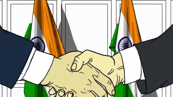 Uomini d'affari o politici stringono la mano contro le bandiere dell'India. Animazione dei cartoni animati collegata alla riunione o alla cooperazione — Video Stock