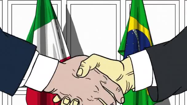 Des hommes d'affaires ou des politiciens serrant la main contre les drapeaux de l'Italie et du Brésil. Animation de dessin animé liée à une réunion ou coopération — Video