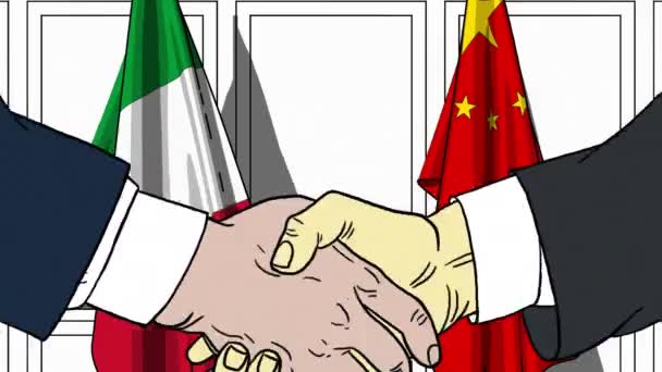 Empresarios o políticos estrechando las manos contra banderas de Italia y China. Animación de dibujos animados relacionados con reuniones o cooperación — Vídeos de Stock