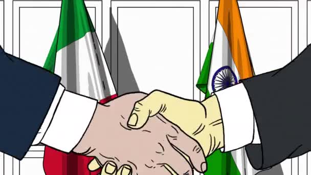 Empresarios o políticos estrechando las manos contra banderas de Italia e India. Animación de dibujos animados relacionados con reuniones o cooperación — Vídeo de stock