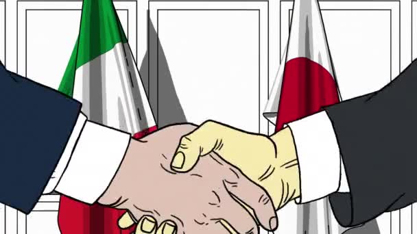 Empresarios o políticos estrechando las manos contra banderas de Italia y Japón. Animación de dibujos animados relacionados con reuniones o cooperación — Vídeo de stock