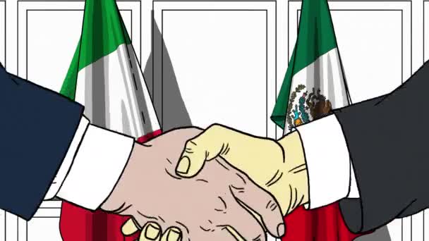 Uomini d'affari o politici stringono la mano contro le bandiere di Italia e Messico. Animazione dei cartoni animati collegata alla riunione o alla cooperazione — Video Stock