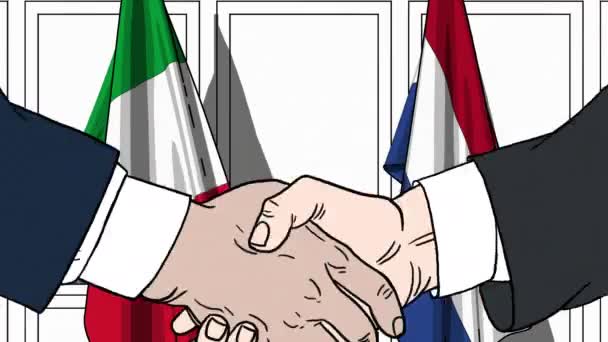 Empresarios o políticos estrechando las manos contra las banderas de Italia y Holanda. Animación de dibujos animados relacionados con reuniones o cooperación — Vídeo de stock