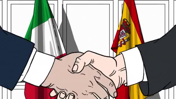 Бизнесмены или политики пожимают руку флагу Италии и Испании. Встреча или сотрудничество в области мультипликации — стоковое видео
