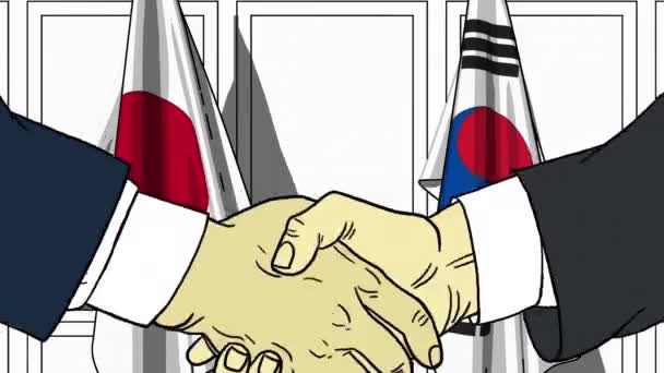 Empresarios o políticos estrechando las manos contra las banderas de Japón y Corea. Animación de dibujos animados relacionados con reuniones o cooperación — Vídeo de stock