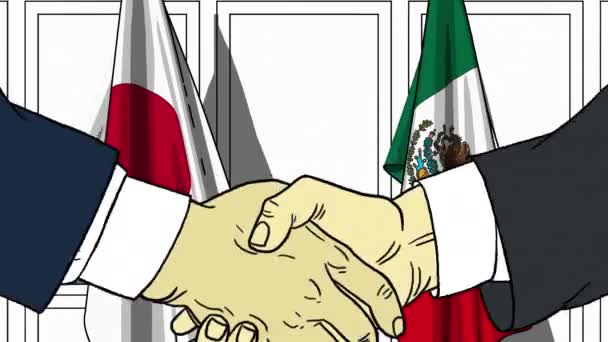 Affärsmän eller politiker skakar hand mot flaggor av Japan och Mexico. Möte eller samarbete med tecknad animation — Stockvideo