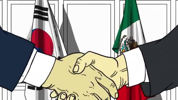 Empresarios o políticos estrechando las manos contra banderas de Corea y México. Animación de dibujos animados relacionados con reuniones o cooperación — Vídeos de Stock