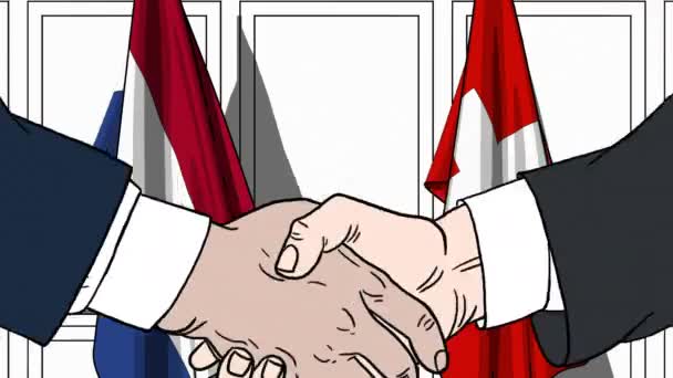 Pebisnis atau politisi berjabat tangan melawan bendera Belanda dan Swiss. Pertemuan atau kerja sama animasi kartun terkait — Stok Video