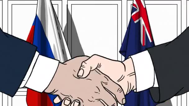 Businessmen or politicians shaking hands against flags of Russia and Australia. Meeting or cooperation related cartoon animation — Stock Video