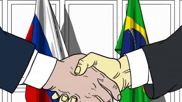 Businessmen or politicians shaking hands against flags of Russia and Brazil. Meeting or cooperation related cartoon animation — Stock Video